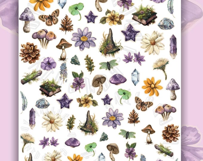 Colorful Enchanted Forest Nail Art Water-Slide Decals, Mushroom Nail Stickers, Vintage Magic Theme
