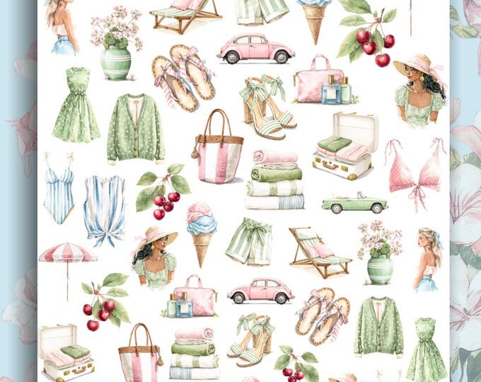 Summer vacation nail stickers - waterslide nail decals - nail art pastel fashion, beach vacation