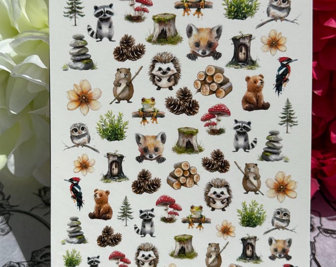 Cute woodland animal water-slide nail art stickers – owls, squirrels, raccoon, brown bear.