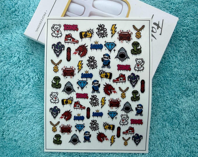 Graffiti Street Art Nail Decals, Y2K Streetwear Nail Art, Colorful Designs, Water-Slide Decals, Dripping Spray Paint Style