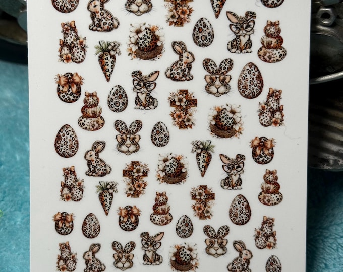 Leopard Easter nail art waterslide stickers for nails, Boho spring nail stickers, Easter cross, Easter basket, Easter bunny