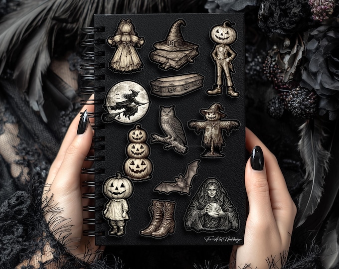 Vintage Halloween Stickers – Gothic Halloween Stickers – Black, Brown, Scarecrow, Spooky