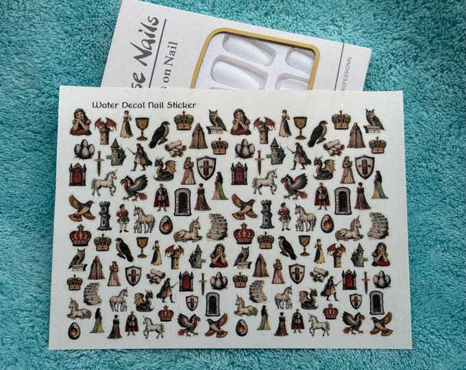 XXL Fantasy/Medieval Water-Slide Nail Decals – Unicorn, Dragon Egg, Fairytale Designs
