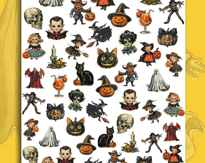 Retro Halloween Water-Slide Nail Art Stickers – Vintage Ghost, Vampire, and Pumpkin Designs