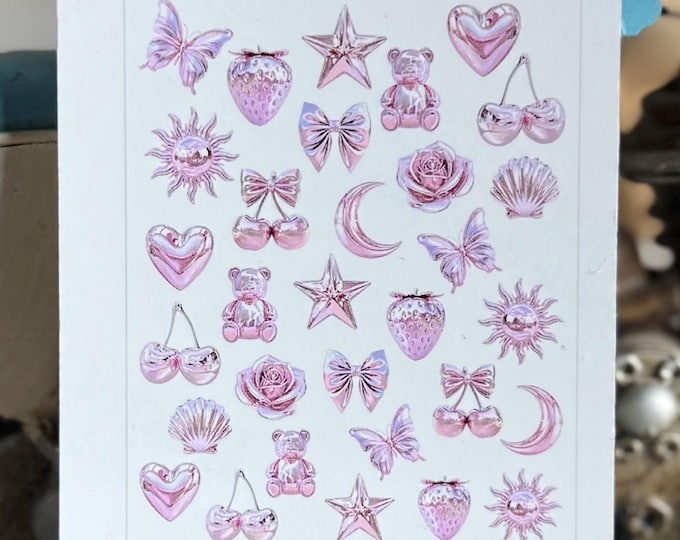 3D Nail Stickers Pink Water Nail Decals Nail Art Chrome, Holographic, Metallic Y2k Girly Stickers