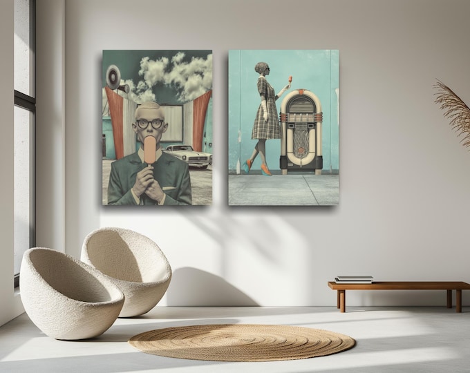 Poster - Vintage 1950s - Women's Portraits with Ice Cream - Men in 1950s Style - Retro Look on Canvas, Ice Cream Colors