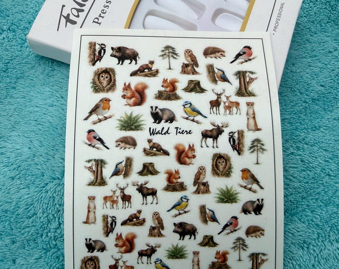 Forest Animal Water-Slide Nail Decals, Animal Nail Art Stickers (Tree Trunk, Hedgehog, Owl)