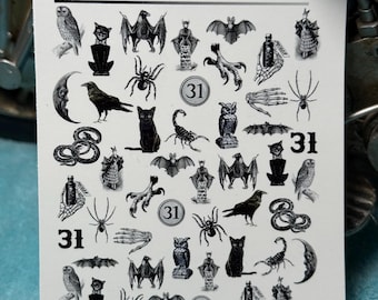 Adesivos de unha com água para o Halloween, adesivos de derrapagem para unhas, adesivos de unha de aranha, coruja, corvo e morcego.