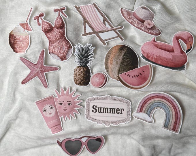 Sticker Set 1 Mini - Retro Beach Vacation Stickers - Vinyl Stickers - Dusty Rose - Cocktail - Sunscreen - Swimsuit - Rainbow