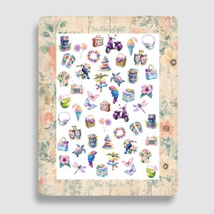 Verão - Adesivos de unhas com efeito de toboágua - Férias de verão, coquetéis, férias na praia, hibisco