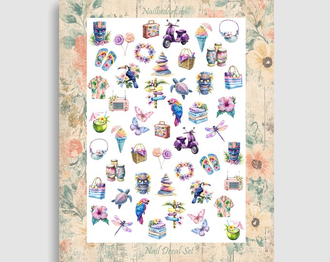 Summer - Waterslide Nail Stickers - Summer Vacation, Palm Trees, Pineapples, Cocktails, Beach Vacation, Beach, Hibiscus