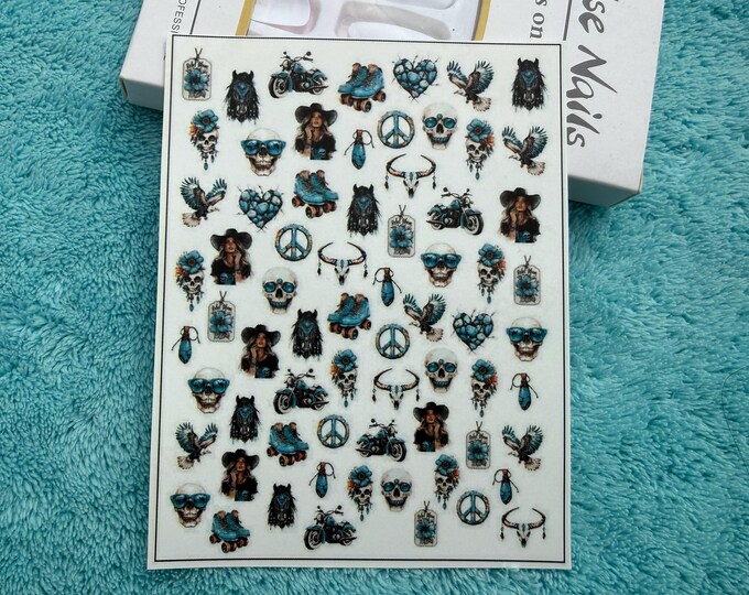 Country Cowgirl Nail Art Water-Slide Decals – Wild West Girl, Chopper, Skull Designs