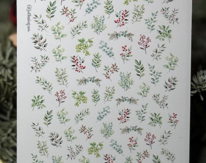 Botanical Winter Nail Art, Christmas Waterslide Nail Decals, Green Mistletoe Nail Design