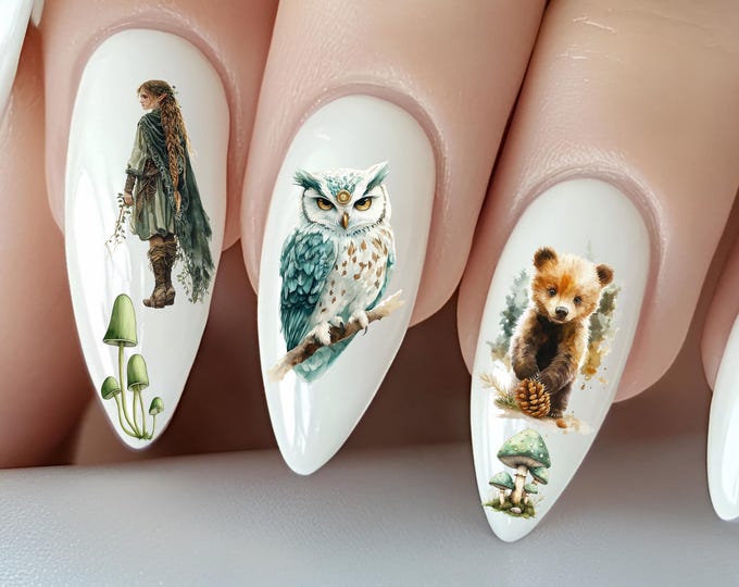 Green Elf & Fairy Water Nail Stickers – Water Decals for Nails – Fantasy Magic Elf, Mushroom, Owl