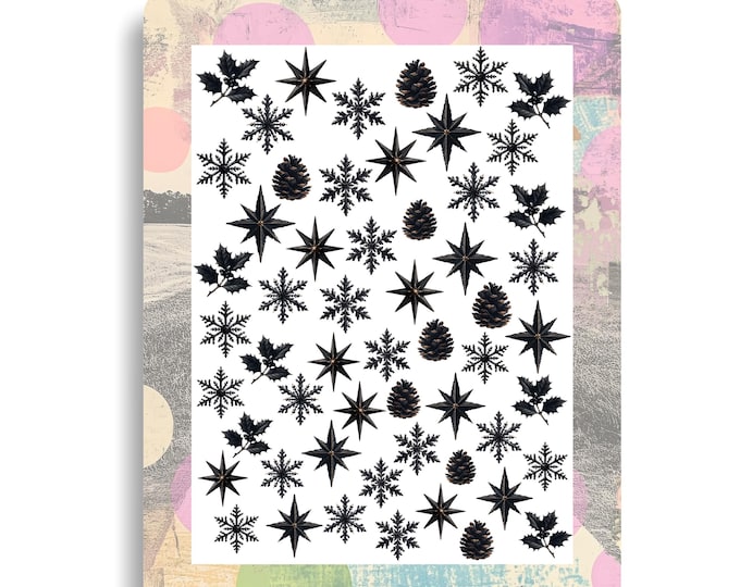 Gothic Christmas nail stickers - waterslide nail decals - nail art pine cones, holly, snowflakes black