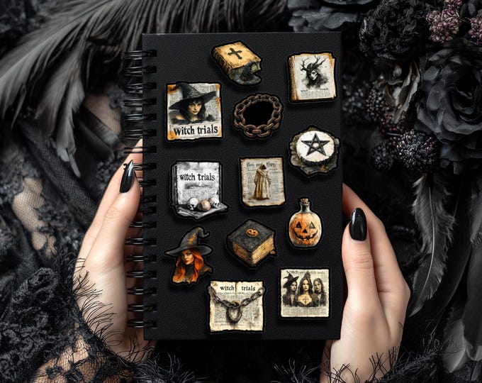 Mini Witch Sticker Set, Newspaper Style, Retro Design, Gothic Stickers 3–4 cm