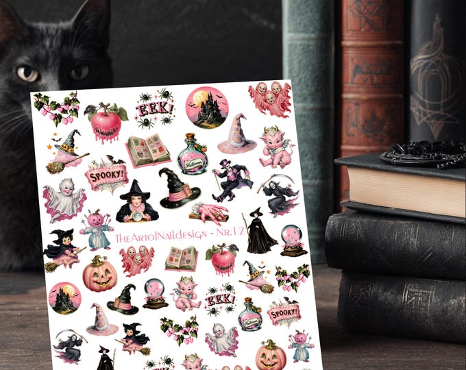 Halloween Water-Slide Decal Sticker | Nails | Nail Art | Trick or Treat, Spooky, Ghost, Witch, Skeleton, Retro Kitsch