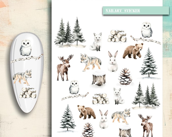 Nail stickers, nail tattoo nail art, winter, brown bear, squirrel, hedgehog, owl, nail art stickers nature, trees, fox