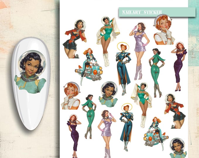 Nail Stickers / Retro Space Girl / Water Nail Decals / Nail Art / 1950s Atomic Pin-Up