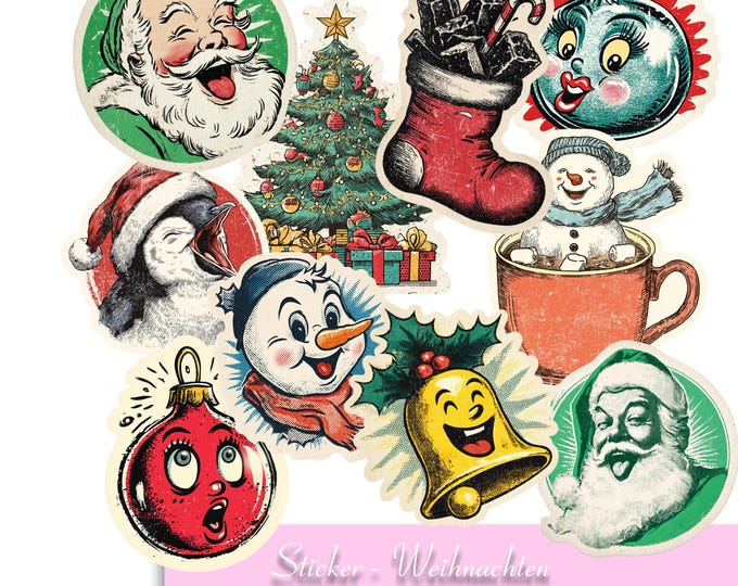 Christmas stickers, retro Christmas stickers, polar bear, Christmas tree, snowman, Christmas bauble, Santa Claus