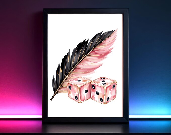 Casino Poster Print - Feather with Dice - Modern Wall Art - Pop Art Print Dice