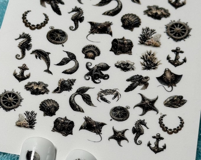 Gothic Fantasy Water Nail Stickers, Water Slide Decals, Nail Art Stickers Ocean, Shells, Seahorse, Octopus