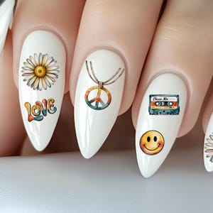 Pegatinas de uñas estilo hippie con diseño floral, pegatinas de agua para uñas, pegatinas de uñas estilo retro de los 70, estilo boho hippie.