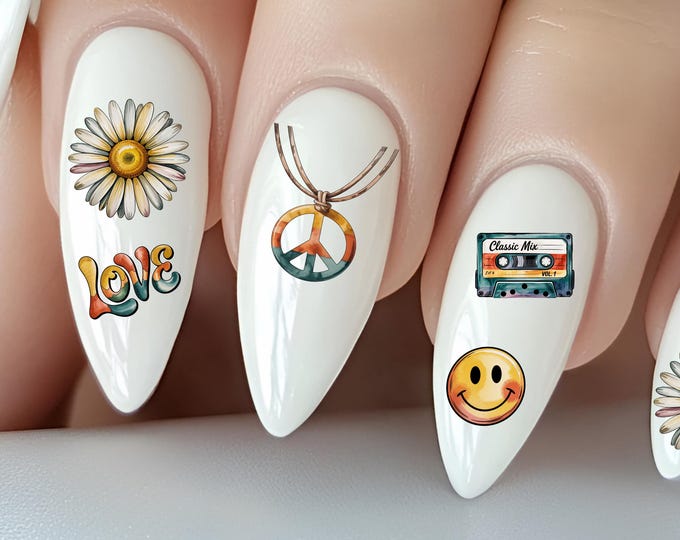 Groovy Flower Power Water Slide Nail Stickers, 70s Retro Boho Hippie Style Nail Stickers