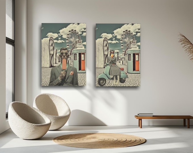 Poster - Vintage 1950s - Women's Portraits with Ice Cream - Men in 1950s Style - Retro Look on Canvas, Ice Cream Colors
