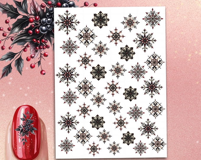Snowflake Nail Stickers, Water Slide Decals for Nails, Gothic Christmas Nail Art