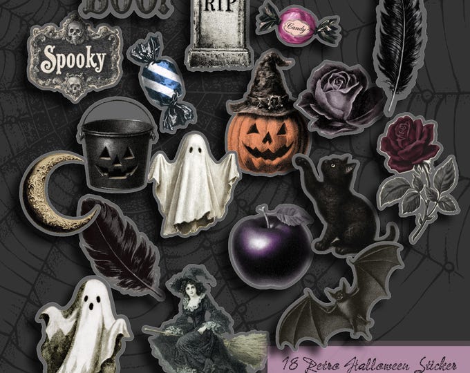 Retro Gothic Halloween Stickers – Spooky Stickers – Ghost, BOO, RIP, Pumpkin, Witch's Broomstick, Feather