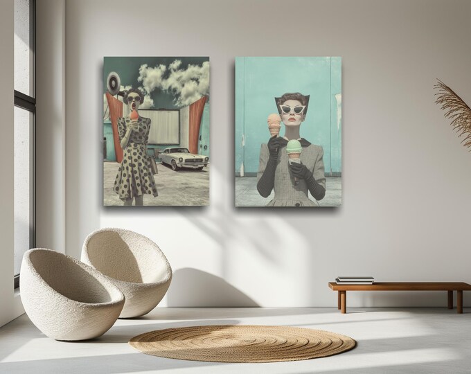 Poster - Vintage 1950s - Women's Portraits with Ice Cream - Men in 1950s Style - Retro Look on Canvas, Ice Cream Colors