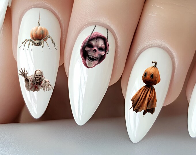 Halloween water nail stickers, water slide stickers for spooky Halloween designs: spider, ghost, pumpkin, demon