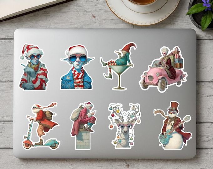 Quirky Vinyl Christmas Stickers - Waterproof Christmas Stickers, Elf Snowman with Guitar