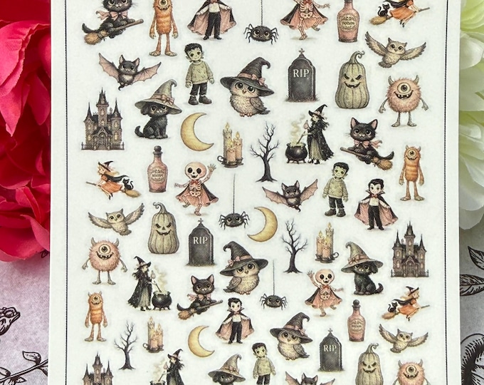 Cute Halloween nail stickers, Halloween nails, spooky nail art, water-slide decals, nail stickers, retro Halloween fingernails