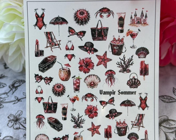 Vampire Summer Nail Art Water-Slide Nail Decals – Halloween Nail Stickers (Blood, Hibiscus)