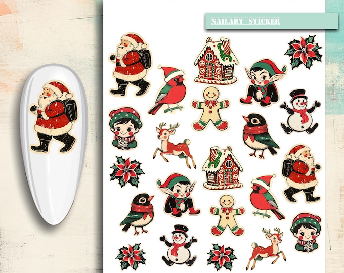 Nail art stickers Christmas, retro Christmas time, snowman, elf, Christmas tree, poinsettia, winter, nail stickers, nail tattoo