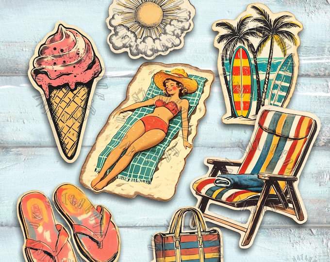 Retro Beach Sticker Set - Vintage Beach Vacation - Beach Chair, Flip-Flops, Beach Bag, Ice Cream Cone Stickers