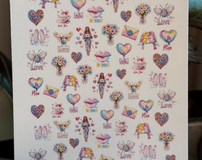 2D Groovy Retro Valentine's Day Water Slide Nail Stickers, Water Slide Decals, Nail Art Stickers Hippie Hearts, Peace Love