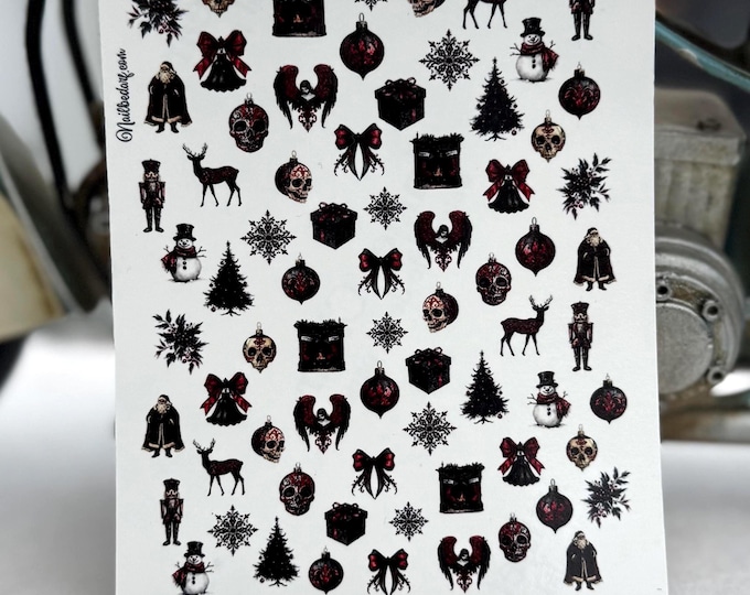 Gothic Christmas nail stickers, waterslide stickers, decals for nails, nail art, nutcracker, skull, fireplace