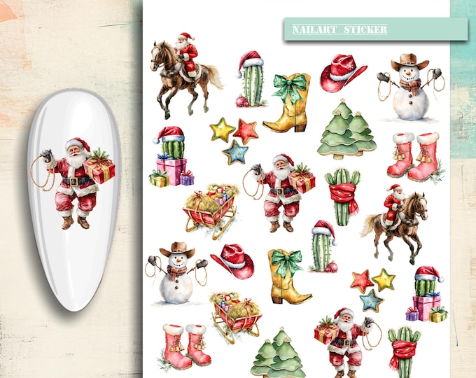 Cowboy Christmas Nail Stickers / Water Nail Decals / Rancher Nail Art / Cowboy Boots, Snowman, Western