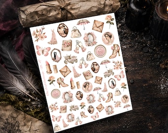 May include: A sticker sheet featuring various vintage-inspired illustrations including pink roses, envelopes, ornate mirrors, lace-trimmed gloves, parasols, high-heeled shoes, lipsticks, carriages, butterflies, and portraits of people in historical attire.