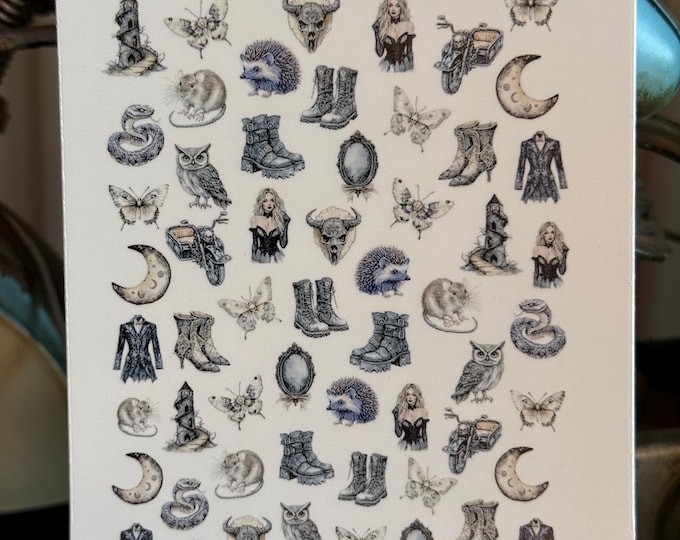 2D Gothic Water Slide Nail Stickers, Nail Art Stickers Hedgehog, Snake, Mouse, Butterfly