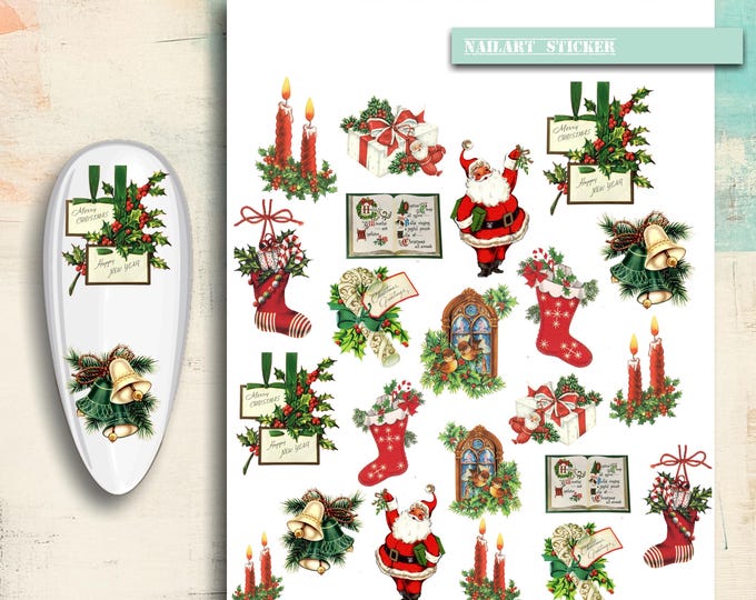 Christmas nail art, nail stickers: vintage Christmas angels, Santa Claus, and candy canes
