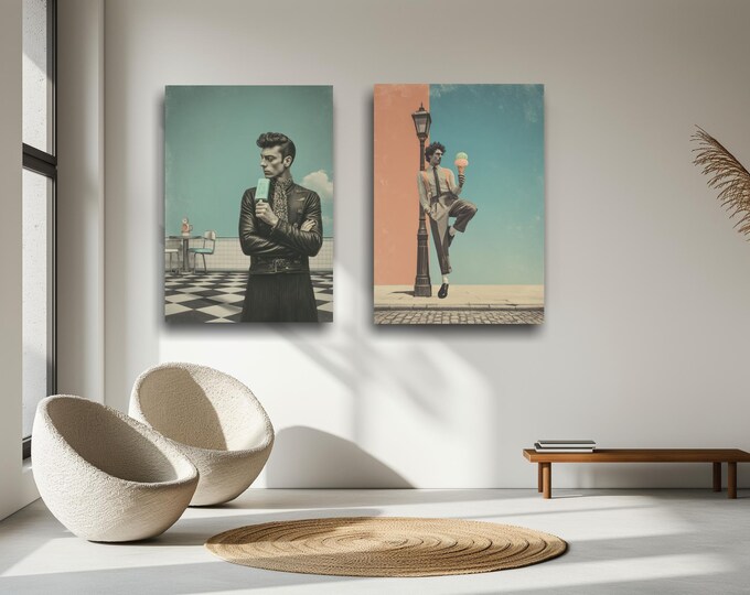 Poster - Vintage 1950s - Women's Portraits with Ice Cream - Men in 1950s Style - Retro Look on Canvas, Ice Cream Colors