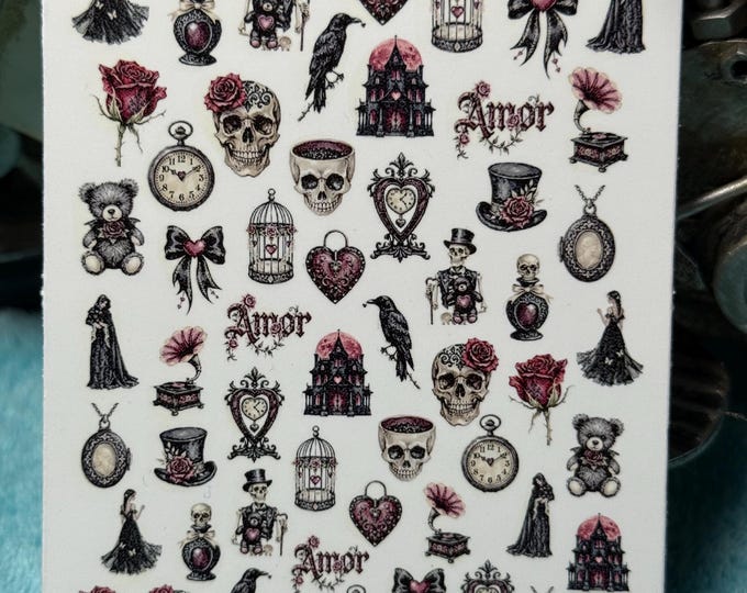 Gothic Valentine's Day nail art waterslide stickers for nails, dark romantic nail stickers, Cupid