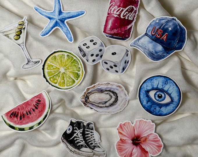 Mini sticker set - Aesthetic stickers - Vinyl stickers - Sneakers - Baseball cap - Dice - Hibiscus - Melon - Starfish - Lime