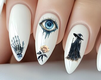 Adesivi per unghie a tema stregoneria, adesivi per unghie con effetto scivolo d'acqua, adesivi per unghie con scheletro, fantasma, strega e teschio.