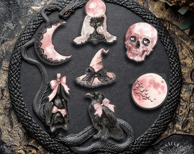 Gothic Halloween Sticker Set, Bat, Skull, Raven, Witch's Hat Fantasy Stickers