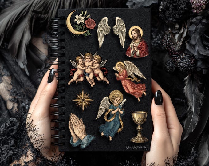 Vintage religious stickers – 9 illustrated vinyl stickers with a matte finish – angel wings, praying hands